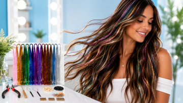 hair tinsel applied in natural hair showing metallic shimmer strands multiple colors