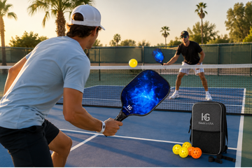 beginner pickleball players playing doubles at kitchen line