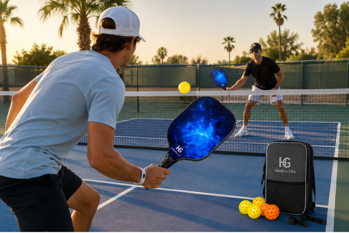 beginner pickleball players playing doubles at kitchen line
