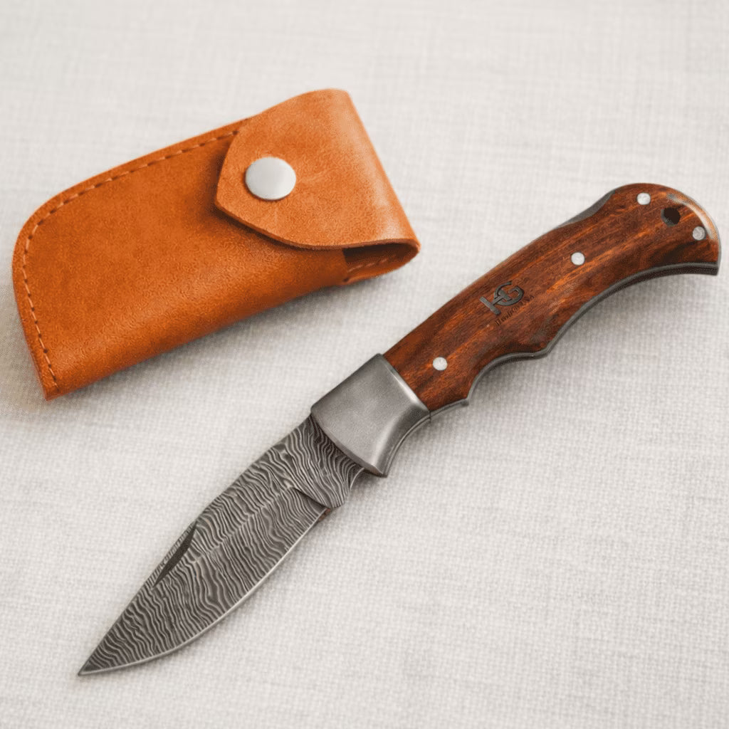 HandiGo USA 6.75 Folding Damascus Hunting Knife